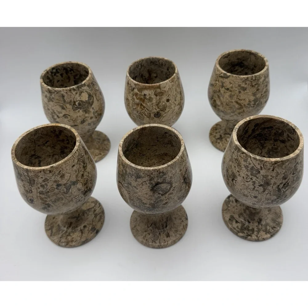 Vintage Fossil Stone Marble Goblets Set of 6 Wine Cups Natural Stone 5